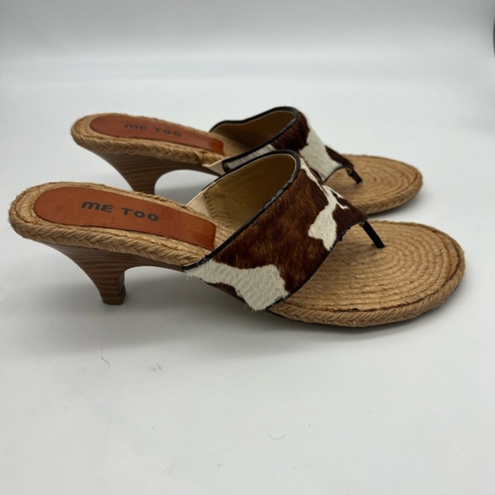 ME TOO Cow Hyde Brown & White Cow Hair & Wicker Sandal Heels Shoes Size 8.5 NEW